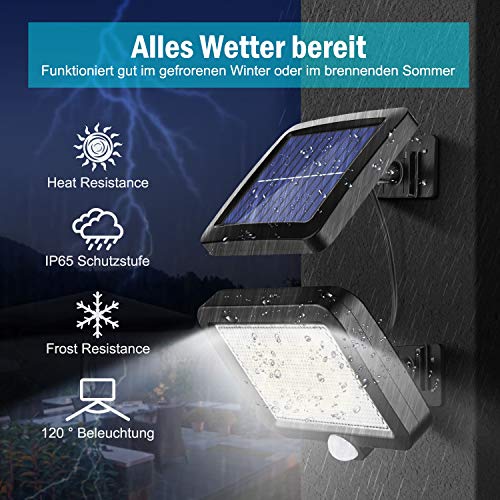 Solarlampen für Außen, MPJ 56 LED Solarleuchte Aussen mit Bewegungsmelder, IP65 Wasserdichte, 120°Beleuchtungswinkel, Solar Wandleuchte für Garten mit 5m Kabel