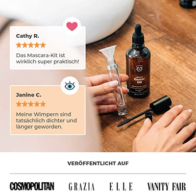 RIZINUSÖL BIO | 100% Rein, Natürlich & Kaltgepresst | Wimpern, Augenbrauen, Körper, Haare, Bart, Nägel | Vegan & Cruelty Free | Castor Oil | Glasflasche + Pipette + Pumpe + Mascara Kit (50ml)