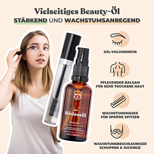 RIZINUSÖL BIO | 100% Rein, Natürlich & Kaltgepresst | Wimpern, Augenbrauen, Körper, Haare, Bart, Nägel | Vegan & Cruelty Free | Castor Oil | Glasflasche + Pipette + Pumpe + Mascara Kit (50ml)