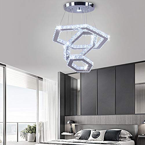 LED Kristall Kronleuchter Große 3 Ring LED Moderne Deckenleuchte Verstellbare Edelstahl Kronleuchter Pendelleuchte für Wohnzimmer Schlafzimmer Esszimmer Korridor BarI(KaltesWeiß)