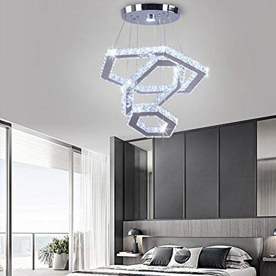 LED Kristall Kronleuchter Große 3 Ring LED Moderne Deckenleuchte Verstellbare Edelstahl Kronleuchter Pendelleuchte für Wohnzimmer Schlafzimmer Esszimmer Korridor BarI(KaltesWeiß)