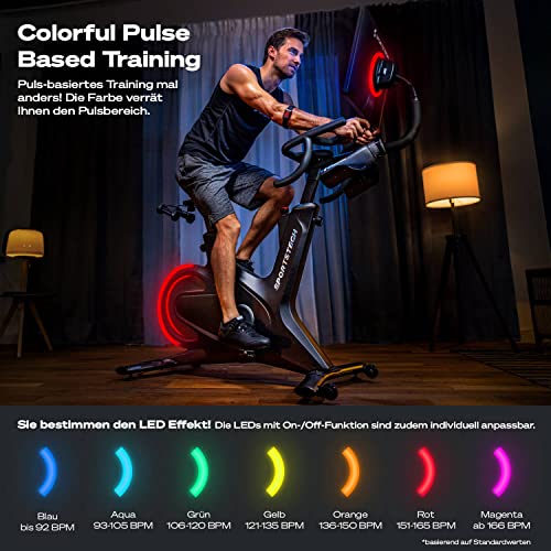 sBike Smart Indoor Cycling Bike, 21,5“ Touch Display, LED + Live & On Demand Kurse inkl. 1 Jahr Premium Mitgliedschaft im Wert von 360€ + großem Zubehör Bundle | Heimtrainer Sportstech Fitness Bike