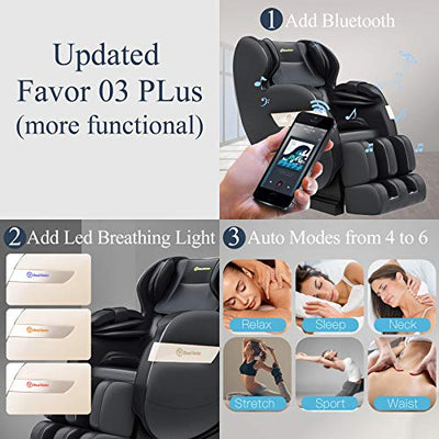 Real Relax Massagesessel, Zero-Gravity Massagesessel Ganzkörpermassage mit Wärmefunktion Bluetooth Airbags Fussrollen Massage Relaxsessel für Hause und Büro, Favor-03 Plus(Schwarz)