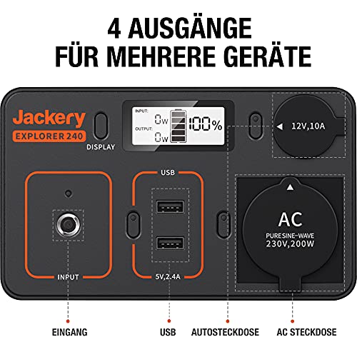 Jackery Explorer 240, 240Wh/67200mAh Tragbare Powerstation Mobiler Stromspeicher mit Reinen Sinuswellen 230V/200W Steckdose + USB, Mobile Stromversorgung für Outdoors, Unterwegs, Reise,und Camping