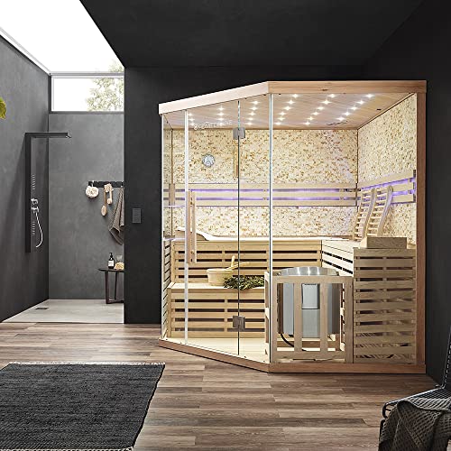 Home Deluxe - Traditionelle Sauna - Skyline XL Big Kunststeinwand - Maße: 200 x 200 x 210 cm, für 2-6 Personen, Hemlocktanne, inkl. Saunazubehör I Dampfsauna Aufgusssauna Finnische Sauna