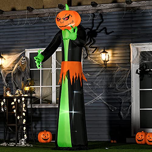 HOMCOM Aufblasbar Kürbis Halloween Dekoration Selbstaufblasend Gespenst mit LED Polyester Grün+schwarz 100 x 96 x 270 cm