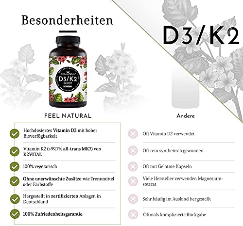 Vitamin D3 + K2 Tabletten - 180 Stück - Hochdosiert mit 5000 I.E. Vitamin D3 und 100 mcg Vitamin K2 pro EINER Tablette - Hochwertig: 99,7+% All-Trans MK7 (K2VITAL®) - in Deutschland produziert