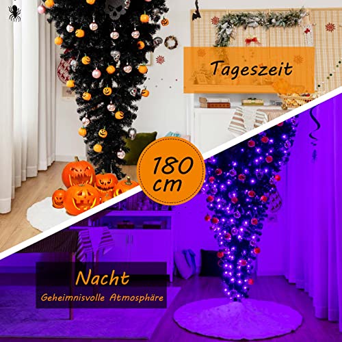 DREAMADE 180cm schwarz künstlicher Weihnachtsbaum, beleuchteter Halloweenbaum, klappbarer künstlicher Tannenbaum mit LED-Lichtern, umgedrehter Deko-Baum für Haus, Büro, Karneval, Grusel-Themenparty