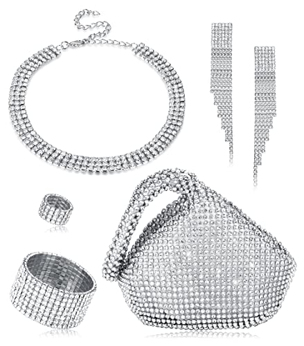 Kakonia 6 Stück Hochzeit Schmuckset für Damen Kristall Braut Halskette Vintage Strass Tasche Ohrringe und Armband Set Hochzeit Verlobung Braut Brautjungfer Dirndl Party Geschenk Schmuck