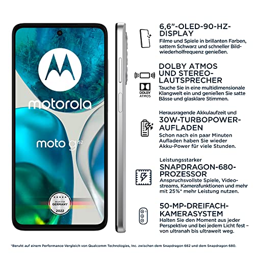 Motorola moto g52 Smartphone (6,5"-HD+-Display, 50-MP-Kamera, 4/128 GB, 5000 mAh, Android 12), Porcelain White, inkl. Schutzcover + KFZ-Adapter