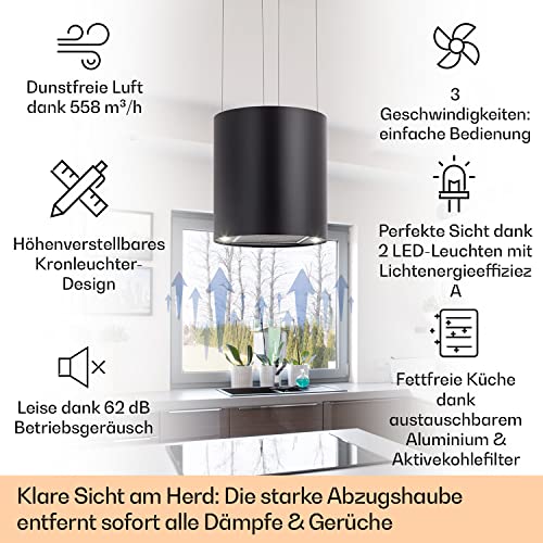 Klarstein Inselhaube, Dunstabzugshaube Umluft, Leise Abzugshaube für Kochinsel, Aktivkohlefilter, Inselhauben Freihängend Kronleuchter-Design, 3 Stufen Dunstabzugshaube mit Filter, 558m³/h Luftstrom