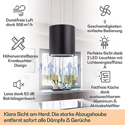 Klarstein Inselhaube, Dunstabzugshaube Umluft, Leise Abzugshaube für Kochinsel, Aktivkohlefilter, Inselhauben Freihängend Kronleuchter-Design, 3 Stufen Dunstabzugshaube mit Filter, 558m³/h Luftstrom