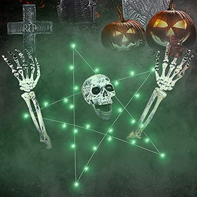 Halloween-Dekorations-Set, 4 PCS gefälschter Skelettkopf + Hände + grüne Lichterketten, realistische Skelett-bewegliche Dekoration, gruselige gefälschte Kopf Handknochen für Outdoor Halloween Party