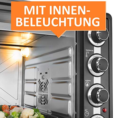 Stillstern Minibackofen mit Umluft (60L) Deutsche Version, 2x Backblech, Ofenhandschuhe, Rezeptheft, Drehspieß, Timer, Innenbeleuchtung, 2200W, Toaster Grill Pizzaofen Mini Backofen ideal für Camping