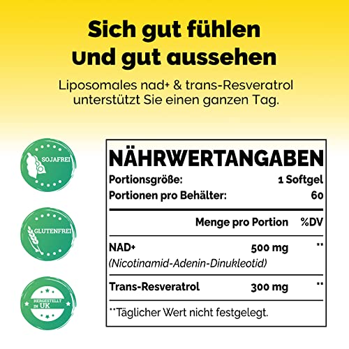 Liposomales NAD+ Trans-Resveratrol 800 mg Softgels, überlegene Alternative, Effizienter als NR, Hohe Absorption, Tatsächliche NAD+-Ergänzung für die Zellreparatur, 60 Softgels (120 Softgels (2 Pack))