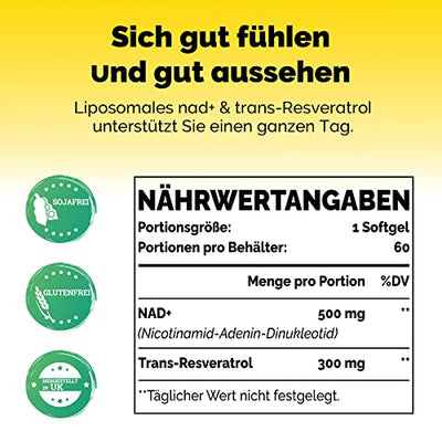 Liposomales NAD+ Trans-Resveratrol 800 mg Softgels, überlegene Alternative, Effizienter als NR, Hohe Absorption, Tatsächliche NAD+-Ergänzung für die Zellreparatur, 60 Softgels (120 Softgels (2 Pack))