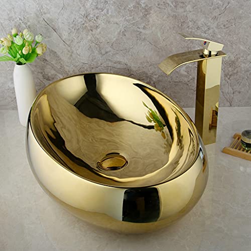 Poliertes Gold-Badezimmer-Keramik-Waschbecken, vergoldet, aus massivem Messing, Wasserhahn-Set, Schüssel, Gefäß, Waschbecken