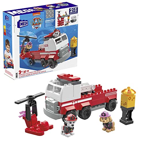 MEGA HHN05 - MEGA Bloks Bauset PAW Patrol Marshalls ultimatives Feuerwehrauto mit Marshall- und Skye-Figuren sowie 33 großen Bausteinen und Teilen, Spielzeug-Geschenkset für Kinder ab 3 Jahren