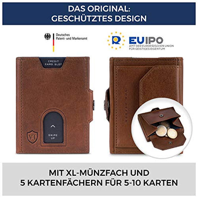 VON HEESEN® Slim Wallet mit XL Münzfach und RFID-Schutz I Leder Geldbeutel I Mini Geldbörse für Herren und Damen I Kartenetui Echtleder Karten Portemonnaie klein I Kreditkartenetui Cognac-Braun