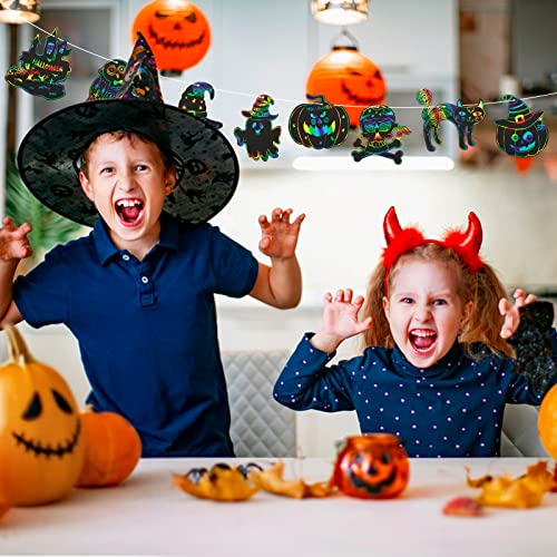 COLOFALLA 51 Stück Halloween Kratzbilder Set Regenbogen DIY Basteln für Kinder Halloween Party Anhänger Deko Mitgebsel mit Holzstäbchen Bänder Bastelset Geschenke für Junge Mädchen