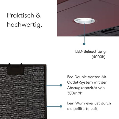 Wiggo Dunstabzugshaube 60cm I Wandhaube für Abluft oder Umluft Dunstabzug 300m³/h mit LED-Beleuchtung & 3 Leistungsstufen I Wandhaube inkl. Fettfilter & 2x Kohlefilter I Abzugshaube Rot