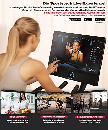 sBike Smart Indoor Cycling Bike, 21,5“ Touch Display, LED + Live & On Demand Kurse inkl. 1 Jahr Premium Mitgliedschaft im Wert von 360€ + großem Zubehör Bundle | Heimtrainer Sportstech Fitness Bike