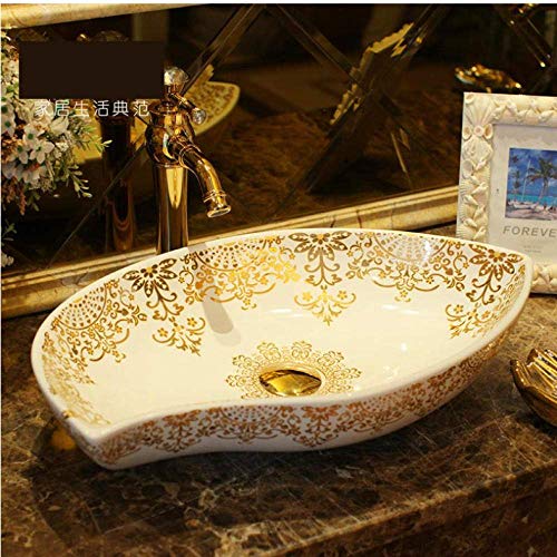 YIQIFEI Oval Jingdezhen Badezimmer Keramik Waschbecken Waschbecken Counter Top Waschbecken Waschbecken weiß mit Goldmuster Waschbecken