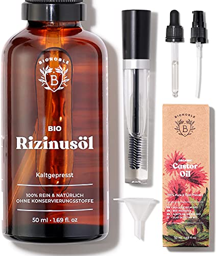 RIZINUSÖL BIO | 100% Rein, Natürlich & Kaltgepresst | Wimpern, Augenbrauen, Körper, Haare, Bart, Nägel | Vegan & Cruelty Free | Castor Oil | Glasflasche + Pipette + Pumpe + Mascara Kit (50ml)