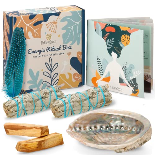 MyHappyGoods Smudge Kit - Räucherset, weißer Salbei, Palo Santo, Abalone-Muschel, Lange Feder