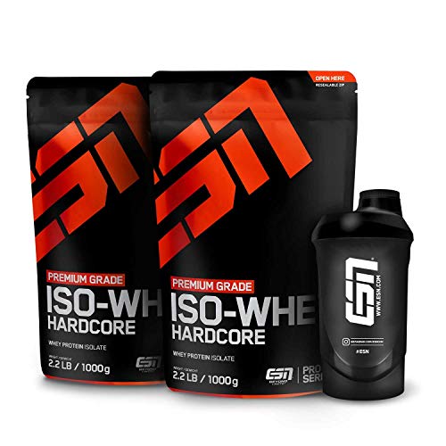 ESN IsoWhey Hardcore, 2 x 1000 g Chocolate Standbeutel + Gratis ESN Shaker