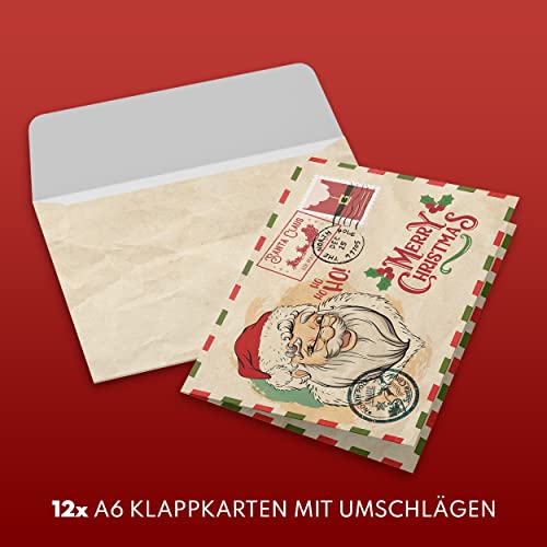 Weihnachtskarten mit Umschlag Set (12 Stück) - A6 Klappkarten für Weihnachten - Christmas Postkarte mit Umschlägen für deine Weihnachtsgrüße - Coole Weihnachtspostkarten mit und ohne Sprüche