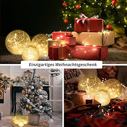 Zodight LED Glaskugel 3er Set, Warmweiß Weihnachtsdeko Glaskugel Beleuchtet mit Crackle Glas, 8 Modi LED Deko Glaskugel Lampe Batteriebetrieben für Innen/Herbstdeko/Tischdeko/Schlafzimmer/Wohnzimmer