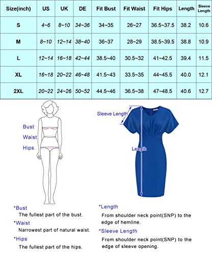 JASAMBAC Damen Fledermausärmel Bodycon Kleid V-Ausschnitt plissiert hohe Taille Hüftrock Business klassisch lässig Midi Kleider