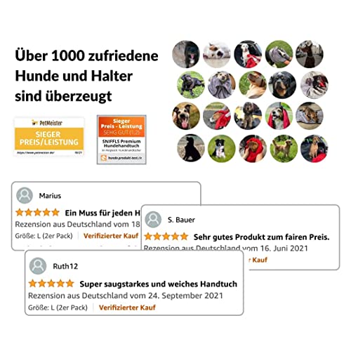 Sniffls® Premium Hundehandtuch (2er-Pack, Weich u. Waschbar) Extra saugfähig und schnell trocknendes Mikrofaser Handtuch für kleine und große Hunde, Perfektes Hundezubehör mit praktischer Tasche