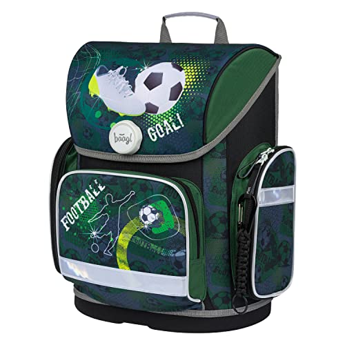 Baagl Schulranzen Jungen Set 3 Teilig, ERGO Schultasche ab 1. Klasse, Ergonomische Grundschule Ranzen mit Brustgurt (Fussball)