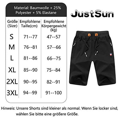 JustSun Sport Shorts Herren Kurze Hose Sommer beiläufig Baumwolle Elastische Taille Sweat Shorts Schwarz Large