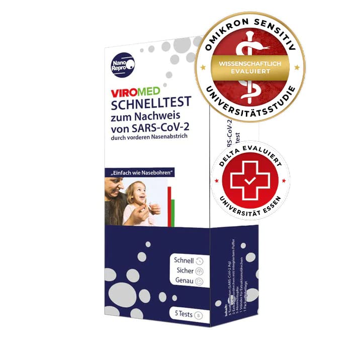 [5 Stück] VIROMED Schnelltest BfArM gelistet AT1155/21 Selbsttest Schnelltest Omikron Spezifität über 99%< Spezifität Sensitivität LoD 30< CE [Made in Germany]