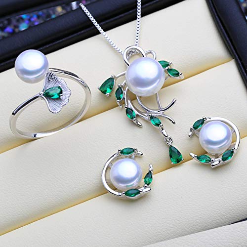 925 Sterling Silber Smaragd Perle Schmuck Sets Natürliche Ohrstecker Böhmische Anhänger Halskette Frauen Grüne Steine Ring