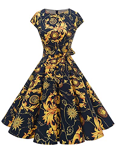 Dressystar Damen Vintage Retro Cocktailkleid Rockabilly Knielang Faltenrock Rundhalsausschnitt Party Kleider Navy Gold Flower XS