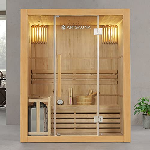 Artsauna Saunakabine Tampere mit 4,5 KW Ofen — Sauna 150 x 110 x 190 cm mit Glasfront, LED-Beleuchtung, Thermometer & Sanduhr — Kabine aus Hemlockholz