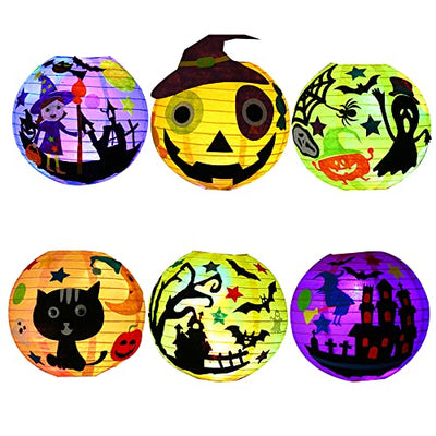 CJBIN Halloween Laterne Kinder, 6 Stück Faltbar Halloween Papierlaterne mit Laternen Stab, Rund Ballform LED Halloween Lampion , Papierlaterne Halloween für Kinderpartys Halloween Weihnachten