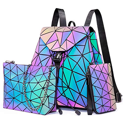 LOVEVOOK Geometrischer Rucksack Set Damen, Holographic Reflektierende Damenrucksack Leuchtend Tasche Daypack, 3pcs Backpack Umhängetasche Geldbörse, für Schule Uni Reise Party