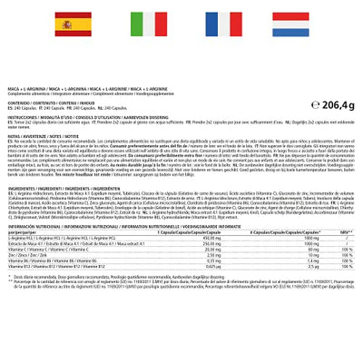 Maca Kapseln hochdosiert 4000 mg + L-Arginin + Vitamine + Zink, 240 Kapseln mit 4000 mg Pulver aus der Maca Wurzel für 2 Monate, Pflanzliche Nahrungsergänzung ohne Zusätze, Made in Germany