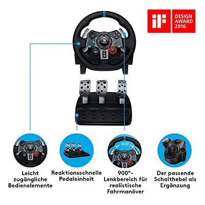 Logitech G29 Driving Force Gaming Rennlenkrad, Zweimotoriges Force Feedback, 900° Lenkbereich, Racing Leder-Lenkrad, Verstellbare Edelstahl Bodenpedale, für PS5, PS4, PC, Mac - Schwarz