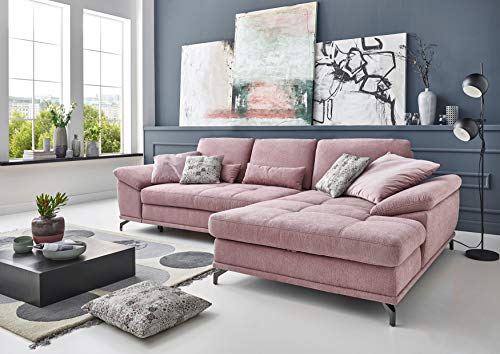 Cavadore Ecksofa Castiel mit Federkern / Großes Sofa in L-Form mit Sitztiefenverstellung und XL-Longchair / 312 x 89 x 173 / Webstoff, Flieder-Rosa