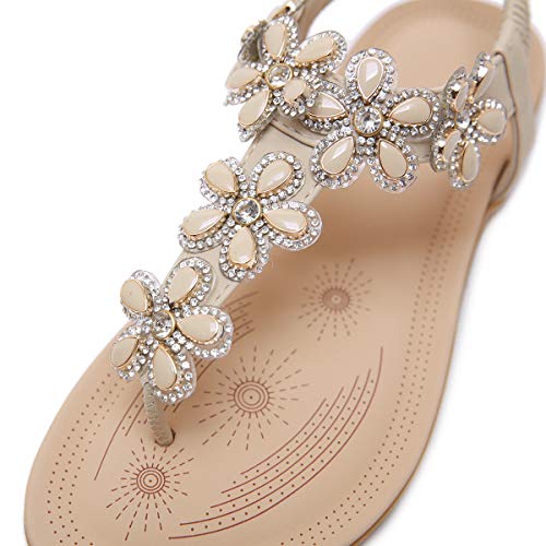 SANMIO Damen Sandals Bohemian Strass Flach Sandaletten PU Leder Zehentrenner, Beige-a, Gr.- 37 EU