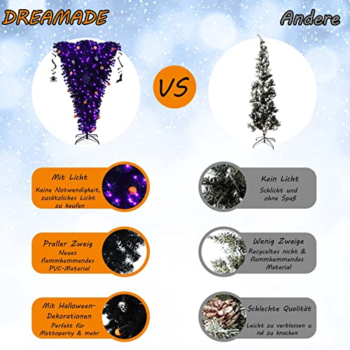 DREAMADE 180cm schwarz künstlicher Weihnachtsbaum, beleuchteter Halloweenbaum, klappbarer künstlicher Tannenbaum mit LED-Lichtern, umgedrehter Deko-Baum für Haus, Büro, Karneval, Grusel-Themenparty