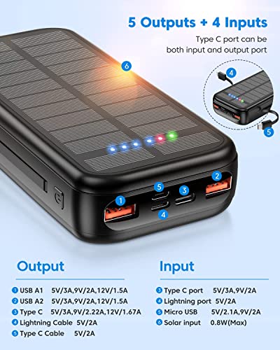 Solar Powerbank 30000mAh 20W Schnelles Aufladen Externe Akkus Power bank USB C Tragbares Ladegerät Outdoor 5 Ausgängen und 4 Eingängen Powerbank mit Kabel für iPhone Samsung Huawei Xiaomi Oppo Schwarz