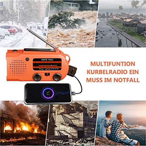 Linwtrid Solar Radio, Tragbar Kurbelradio Dynamo Radio mit AM/FM 5000mAh Akku Wiederaufladbare Powerbank Notfall-Radio LED Taschenlampe Leseleuchte für Wandern, Camping, Ourdoor, Notfall （Orange）