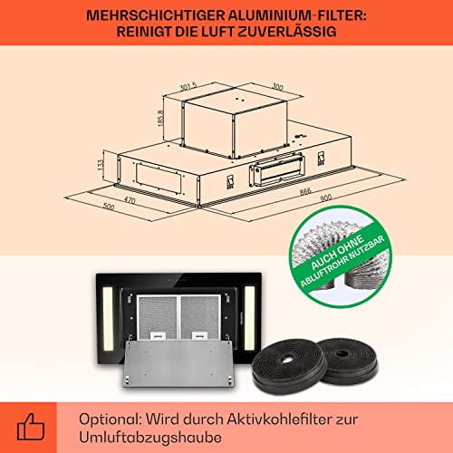 Klarstein Dunstabzugshaube, Leiser Dunstabzug, Dunstabzugshaube Unterbau, Dunstabzugshaube mit Filter, Dunstabzugshaube Einbau, Abzugshaube 90cm, 230W, 620 m³/h, Abluft/Umluft Dunstabzugshaube Schwarz